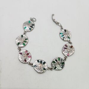 Vtg SJ Silver Tone Multi Color Abalone Sand Dollar Link Tennis Charm Bracelet